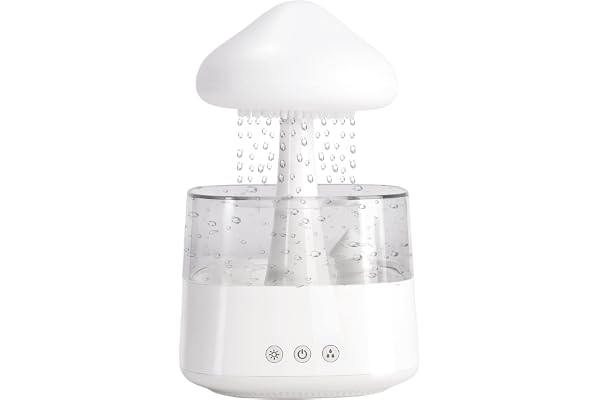 Humidificateur à nuage de pluie pour chambre à coucher et chambre d'enfant, diffuseur d'huile en forme de champignon avec LED 7 couleurs pouvant être utilisé comme veilleuse (Blanc)