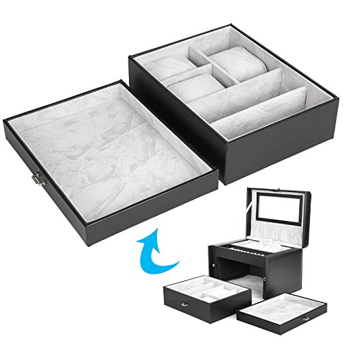 Femor Schmuckkästchen abschließbar Schmuckkoffer mit 3 Schubladen Schmuckkasten mit Minibox und Innenspiegel(Schwarz) - 6
