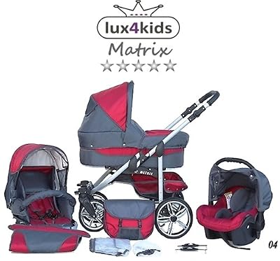 Chilly Kids Matrix II 3 en 1 Poussette combinée (siège auto inclus les adaptateurs, habillage pluie, moustiquaire, roues pivotantes 62 couleurs) 04 rouge & graphite