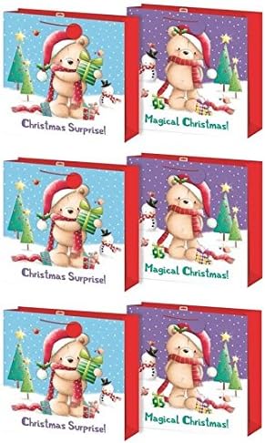Set Of 6 Midi Jumbo Christmas Gift Bags With Rope Handle &amp; Tag - Bear &amp; Snowman