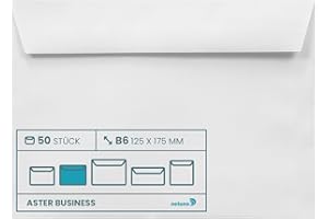 ‎NETUNO Netuno 50 Umschläge Weiß DIN B6 125 x 175 mm 100g Aster Business Briefumschläge ohne Fenster B6 haftklebend Geschäftsumschläge Premium Papier Umschläge b6 weiß Briefkuverts weiße Briefhüllen elegant