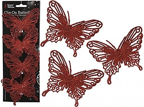 Set Of 4 Glitter Finish Red Clip On Butterflies