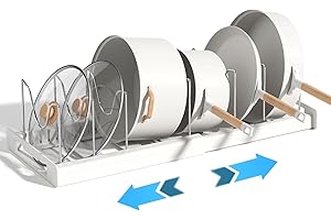 ZLXHDL Organizer per pentole espandibile, organizer per pentole e padelle, dimensioni antiscivolo, organizer per pentole da interno regolabile multiuso con 7 supporti per cucine, uffici, (Bianco)