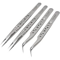 Sanhooii 4-Piece Tweezers Set Anti-Static Stainless Steel Precision ESD Tweezers 2 Straight 2 Curved for Tools for Electronic