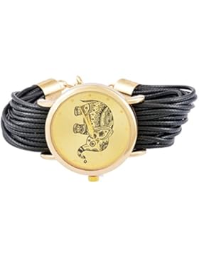 MJartoria Damen Armbanduhr Quarz Uhr Modeschmuck PU Lederarmband Mode Design Wickelarmband Elefant Muster Schwarz