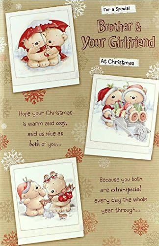 Brother &amp; Girlfriend Christmas Card - Cute Bears, Umbrella &amp; Robins 10.75" x 7"