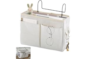 BNGXR Betttasche Bett Organizer, Multifunktionale Bett Tasche mit Darhthaken Betttasche mit Drahtrahmen Hängetasche Hochbett Aufbewahrungstasche für Buch Magazin Spielzeug Handy Kopfhörer (Weiß)