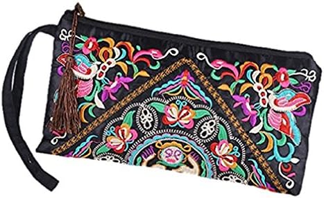 LazLake Women Ethnic Handbag Handmade Embroidered Purse Flower Zipper Wallet Wristlet Clutch Bag Small Change Bag Phone Case MZ03 Butterfly Flowers