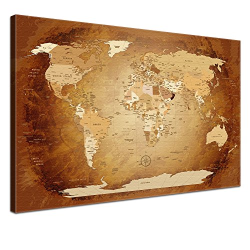 LanaKK Mapamundi con Corcho para Fijar los destinos - Mapa del Mundo marrón Colorido, inglés, lámina Sobre Bastidor Camilla en marrón, Enmarcado en una Parte de 120 x 80 cm