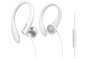 PHILIPS Słuchawki sportowe audio A1105WT/00 z mikrofonem, słuchawki douszne elastyczny zaczep na uszy, otwór basowy, odporne na pot IPX2, bezpieczne dopasowanie, pilot zdalnego sterowania in-line,