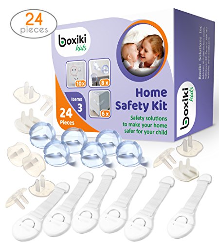 Kit a Prueba de Bebés de 24 Piezas para la Seguridad de los Niños por Boxiki Kids. Productos a Prueba de Bebés: 8 Protectores para Esquinas, 6 Cerraduras Deslizantes y 10 Protectores para Enchufes. Cerraduras de Seguridad a Prueba de Niños.