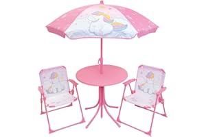 FUN HOUSE 46XØ46, 253XL.38,5XP 1 H.125XØ Dziecięcy jednorożec stół ogrodowy wys. 46 x Ø46 cm, dwa krzesła wys. 53 x dł. 38,5 cm x gł. 37,5 cm i jeden parasol H.125 X Ø 100 cm, różowy