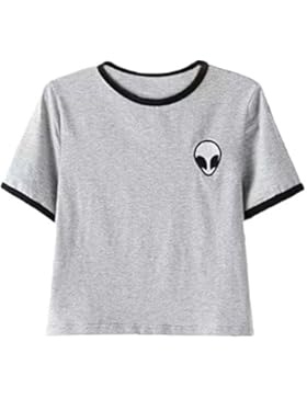 OLIPHEE Damen Alien Gedruckt Short Sleeve T-Shirt Casual Crop Tops