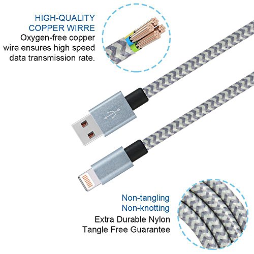 PeziMu iPhone Kabel Nylon, Geflochtenen USB Kabel für iPhone7 / 7plus / 6s / 6 plus, iPhone SE, iPhone 5s 5c 5, iPad, iPod – (1+2+3)M (Grau Weiß) - 2