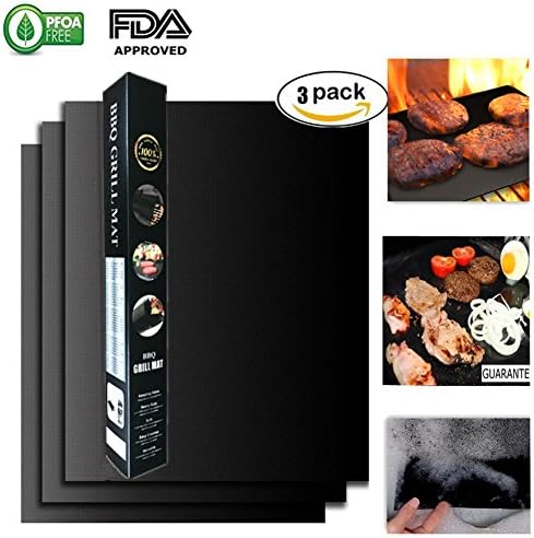 BBQ Grill Mats Set of 3 by Yogaw a Reusable Nonstick Barbecue Oven Mats, Durable, Heat Resistant, Easy to Clean, Dishwasher Safe - 5 Year Warranty (black-3)