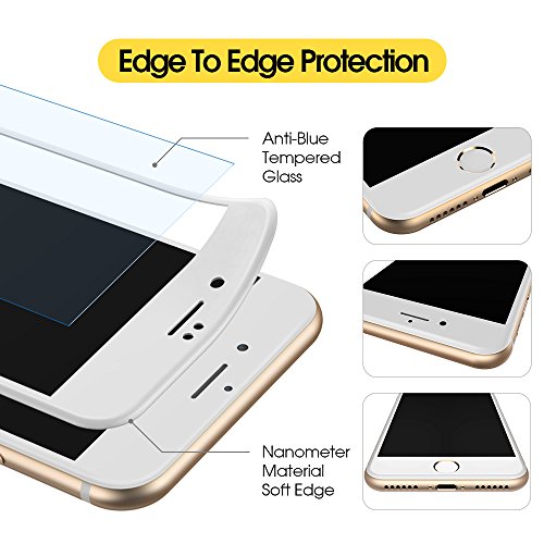iPhone 8 7 Screen Protector, Humixx Slim 3D Curved Full Coverage Shatterproof 9H Tempered Glass Screen Protector [Anti-blue Light] [Anti Fingerprint] HD Screen Cover Film for Apple iPhone 8/7 (White)