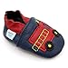Dotty Fish Soft Leather Baby Shoes with Non Slip Suede Soles. Toddler Shoes. Navy and Red Fire Engine Design for Boys. 18-24 Months