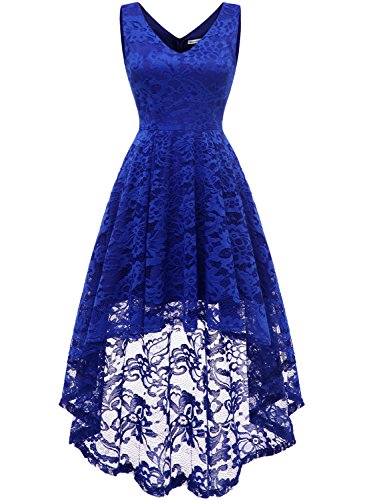 MuaDress MUA6666 Robe Demoiselle d'honneur Dentelle à Fleur Jupe Asymétrique Vintage Robe Chic été Trapèze Robe Soirée Sexy Col en V Royalblue S