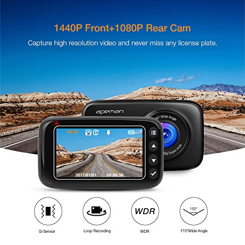 APEMAN Dash Cam Cámara de Coche Cámara de Doble Lentes WQHD 1440P Full HD 1080P Gran Ángulo con G-Sensor y WDR, Visión Nocturna, Ciclo de Grabación, Monitor de Estacionamiento