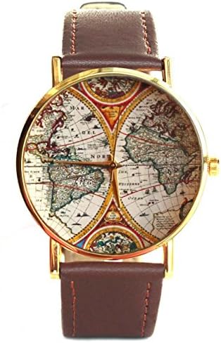 Old Continents Antique Round Map Brown Leather Quartz Watch