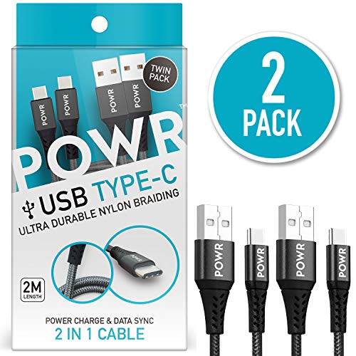 USB C Cable (2-Pack of 2 Metre / 6.6 ft usbc Cables) by POWR, Braided Fast Charge USB Type-C Sync Cable