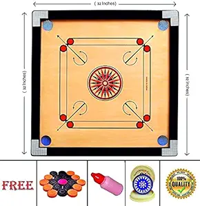 Ashoka Traders Carrom Board 32 Inch High Gloss Finish with Free Coins, Striker and Powder (Large, 32 Inch)