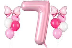FUNHOT Pearl Pink Number 7 Balloon, 40 Inch 7th Birthday Balloons, 11Pcs Macaron Pink White Latex Balloons Hot Pink Bow Balloons Light Pink Giant Number 7 Foil Balloon for Girls 7th Birthday Party Decoration