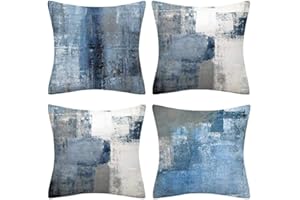 QUALKNOY Set of 4 Velvet Cushion Covers 40x40 cm Blue Grey Modern Abstract Art Decorative Throw Pillow Cases 16x16 inches for Living Room Sofa and Outdoor Decor