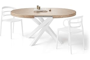MOBILI FIVER, Table Ronde Extensible Emma, 120-160 cm, Chêne Naturel, avec Pieds Blancs croisés, pour 4-6 Personnes, Table Extensible pour Cuisine, Salon, Made in Italy