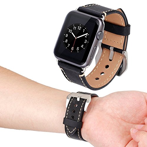 Apple Watch 42mm Correa  ZRO Vendimia Cuero Genuina Reemplazo Correa de Reloj con Seguro Cierre de Metal Hebilla para Apple iWatch Serie 2  Serie 1  Negro