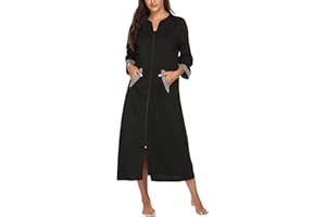 Ekouaer Women Zipper Robe 3/4 Sleeves Loungewear Full Length Sleepwear Pockets Housecoat Long Soft Bathrobe