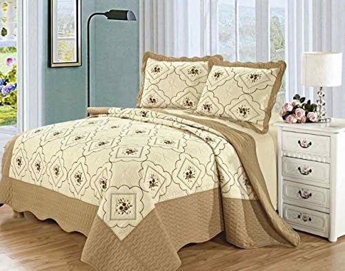 Masaari Collections Luxurious 3PC Pollycotton Floral Embroidered Quilted Bedspread Throw - 3 Size (Single, Beige)