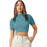 Dream Beauty Fashion Casual Solid Short Sleeves High-Neck Crop Top (15" Inches Approx)