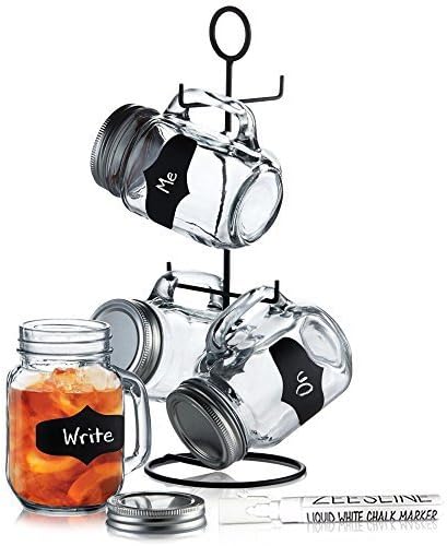 4 Glass Mason Jars with Lids, Metal Stand, Chalk labels & Chalk Marker - 16-oz Clear Chalkboard Mugs with handles on space-saver caddy by Zeesline