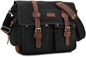 Kattee Military Messenger Bag Canvas Leather Shoulder Bag Fits 13.3 Inch Laptop Black