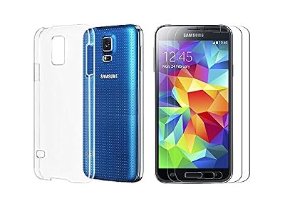 Novago Pack 2 de 1 Compatible avec Samsung Galaxy S5, S5 Neo, S5 New-Coque Gel Souple Transparente et Solide + 2 Films en Verre trempé Ultra Solide avec dureté 9H (Transparent)