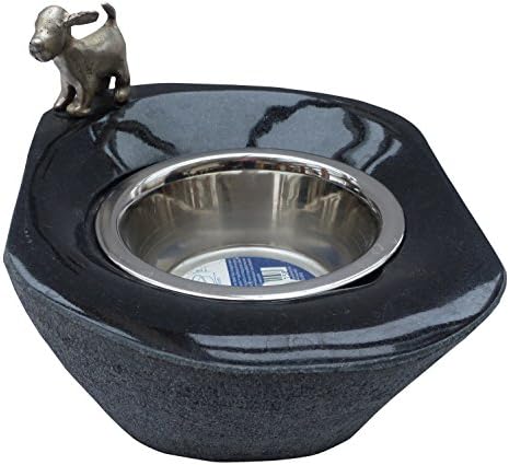 Patric Rotte Male Bronze Granite Dog Standing with Bronze and Stainless Steel Bowl, 350 ml Capacity, Black, 23 x 19 x 11 cm, 52004