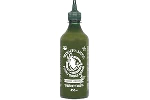 ‎FLYING GOOSE FLYING GOOSE Sriracha Chilisauce, mit Hanfsamenöl, scharf, dunkelgrüne Kappe, scharfe Würzsauce aus Thailand, vegan, glutenfrei, 1 x 455 ml