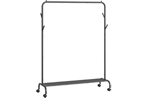 ‎SONGMICS SONGMICS Wieszak na ubrania, wieszak na ubrania, pojedynczy wieszak na ubrania, wytrzymała metalowa rama, z kółkami i półką, maks. obciążenie 50 kg, szerokość 103,5 cm, przechowywanie odzieży, czarny