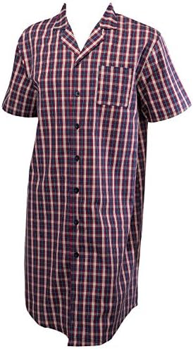Walker Reid Mens Checked Nightshirt 100% Cotton Twill Button Up Traditional Nightwear (Red)
