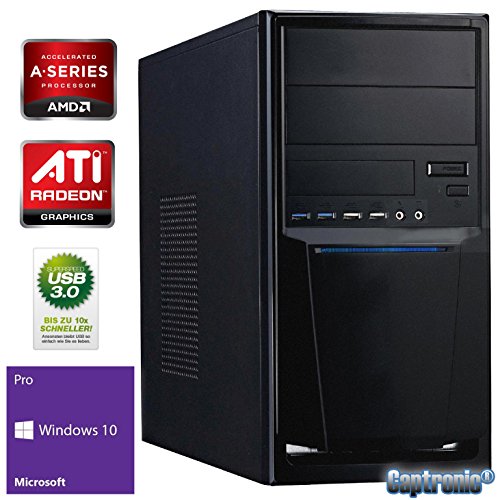 Captronic® (A4-6300-8GB-HD8370D-1TB-Win10Pro) Windows 10 Professional 64bit | DualCore Silent PC Front USB 3.0 AMD A4-6300 2x 3,70GHz (Turbo bis 3900MHz) | KINGSTON 8GB DDR3-1600 | 24x DVD-Brenner | 1000GB HDD SATA3 | ATI Radeon HD 8370 2GB HDMI/DVI/VGA | CardReader | 7.1 Sound | GigabitLAN | Design Gehäuse Schwarz