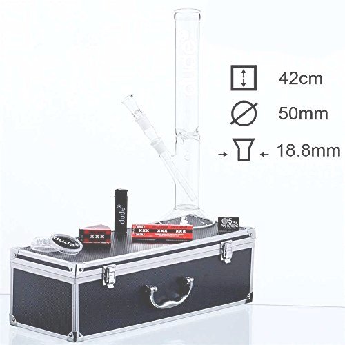 Set Kofferbong, Glas Bong, Eisbong im Koffer, H: 42cm, 50mm Ø,Schliff 18.8 inklusive Grinder, Siebe und Feuerzeug