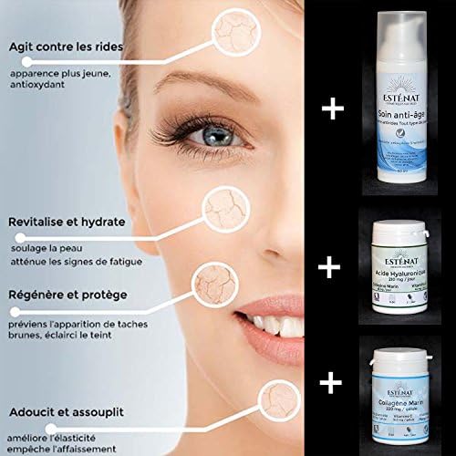 TRIO ANTI-AGE: serum ESTENAT anti-aging anti-wrinkle, antioxidant large bottle 50ml + 1 pill pillow hyaluronic acid, pill box of 60 capsules HYALURONIC ACID with HIGH DOSAGE 210 mg / day and 45 mg collagen + 1 pill box marine collagen, pill box 60 capsules MARINE COLLAGEN 220 mg / capsule + Vitamin C + Vitamin E + Zing gluconate + Vitamin E + Manganese / The 3 best anti-aging treatments known today! Beauty and skincare and joints - Natural French Products
