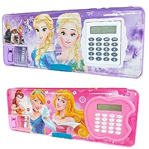 IZU Multipurpose Magnetic Pencil Box with Calculator, (Pack of 2 pc Combo)Dual Sharpener for Girls & Boys for School, Big Size Cartoon Printed Pencil Case for Kids (FRO+PREETY)