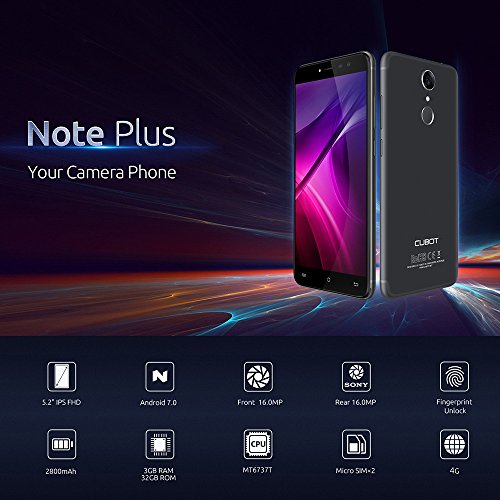 CUBOT Note Plus Smartphone 4G FDD-LTE Android 7.0 5.2 Pollici MTK6737T 1.5GHz Quad Core 3GB RAM+32GB ROM Macchine Fotografiche 16+16MP Batteria 2800mAh Notifica Impronta Digitale