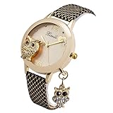 Armbanduhr Frauen Damen Mädchen Schwarz Leder Band SIBOSUN Gold Eule Anhänger Kristall Quarzwerk