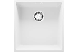 Evier Cuisine Blanc, 46 x 47 cm, Evier en Granit 1 bac + Kit de Vidage, Evier a Encastrer de Primagran