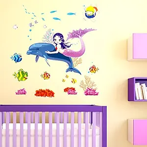 Decals Design Beautiful Mermaid Sitting on Dolphin Kids Wall Sticker (PVC Vinyl, Multicolour, 50 cm x 70 cm x 1 cm)