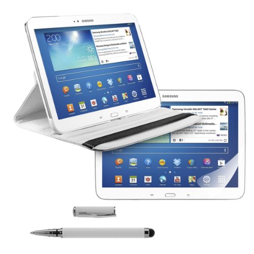 3in1 Set: kwmobile Hülle für Samsung Galaxy Tab 3 10.1 P5200 / P5210 / P5220 - 360° Standfunktion Case Tablet Schutzhülle Kunstleder - Smart Cover Tabletcase Weiß + Folie, kristallklar + Stylus, weiß
