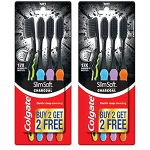 Colgate SlimSoft Charcoal Soft Black Bristles Toothbrush, 8 Pcs (Buy4 Get 4), Soft Bristles for Gentle Deep Cleaning